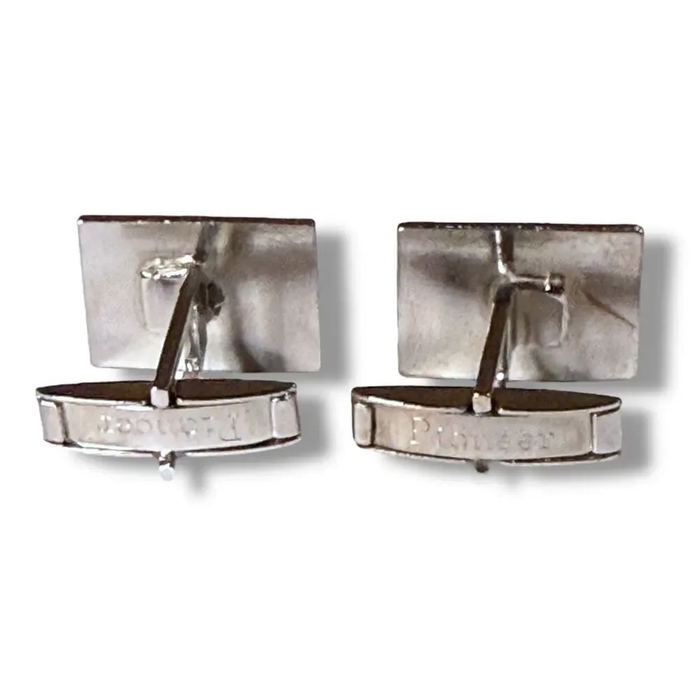VTG Pioneer Cufflinks Mens Silver Tone Emerald Cut Glass Jewels Bullet Locking